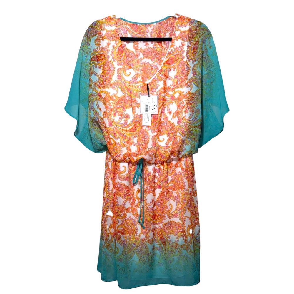 Bisou Bisou Coral Aqua Boho Resort Paisley Flutter Sleeve Resort‎ Dress 12 NWT